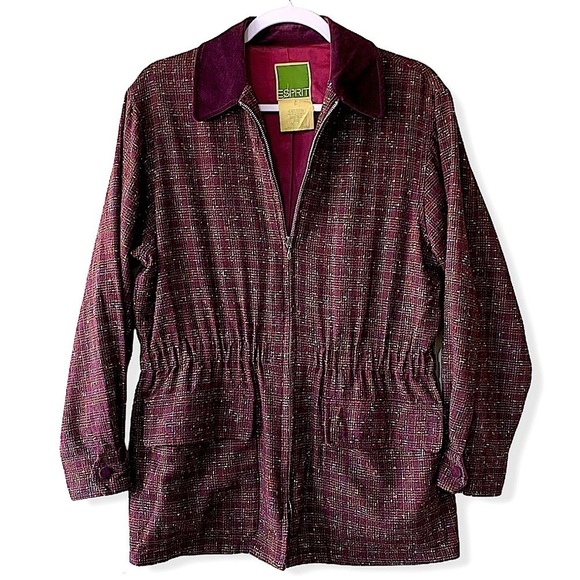 𝅺VINTAGE Esprit Burgundy Tweed Zip Front Utility Jacket Size Medium - Picture 1 of 10